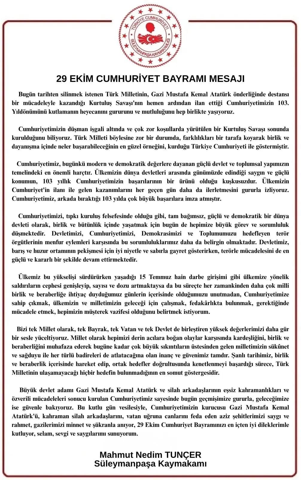 Süleymanpaşa Kaymakamlığı'ndan 29 Ekim Cumhuriyet Bayramı Mesajı