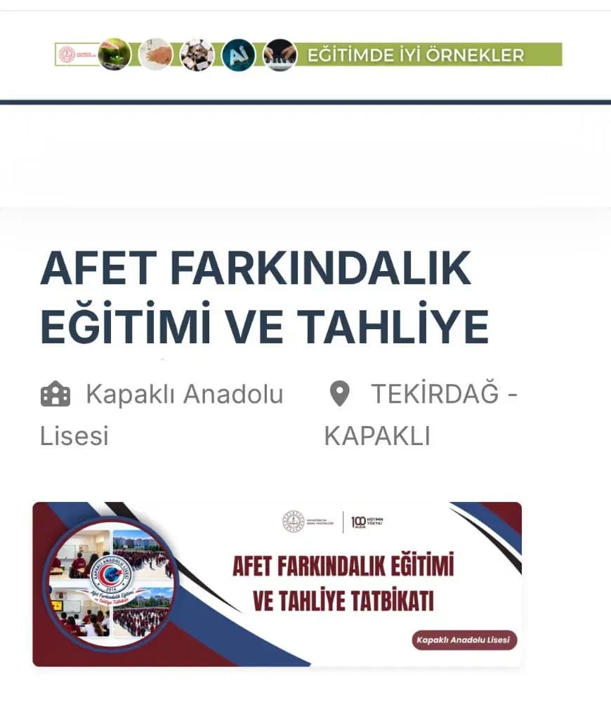 Kapaklı Anadolu Lisesinin Afet Eğitimi Projesi Başarı Ödülü Aldı